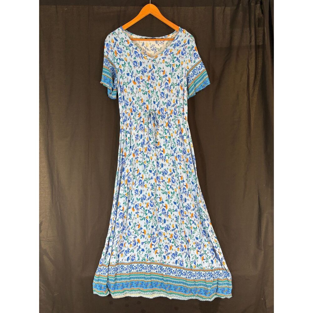 PrettyGarden Blue Floral Border Print Maxi Dress L V Neck Drawstring Boho